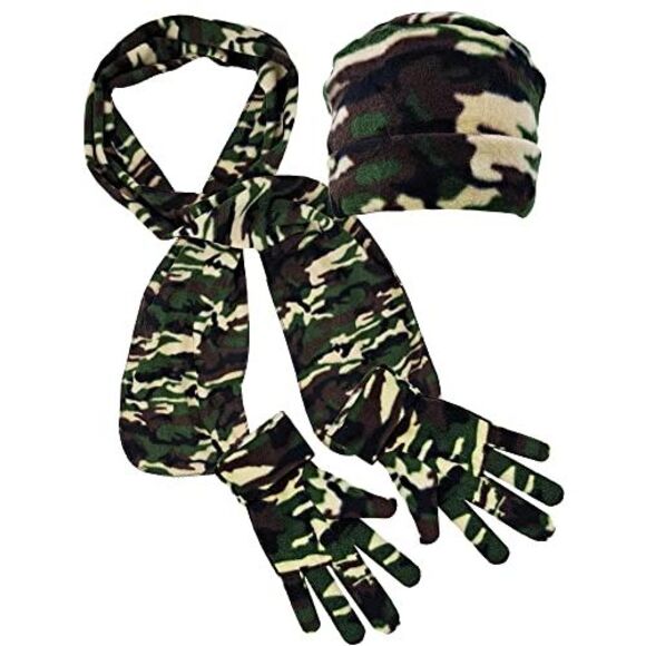 Green Camo Print Polar Fleece Scarf Glove & Hat Matching Set - Picture 5 of 9